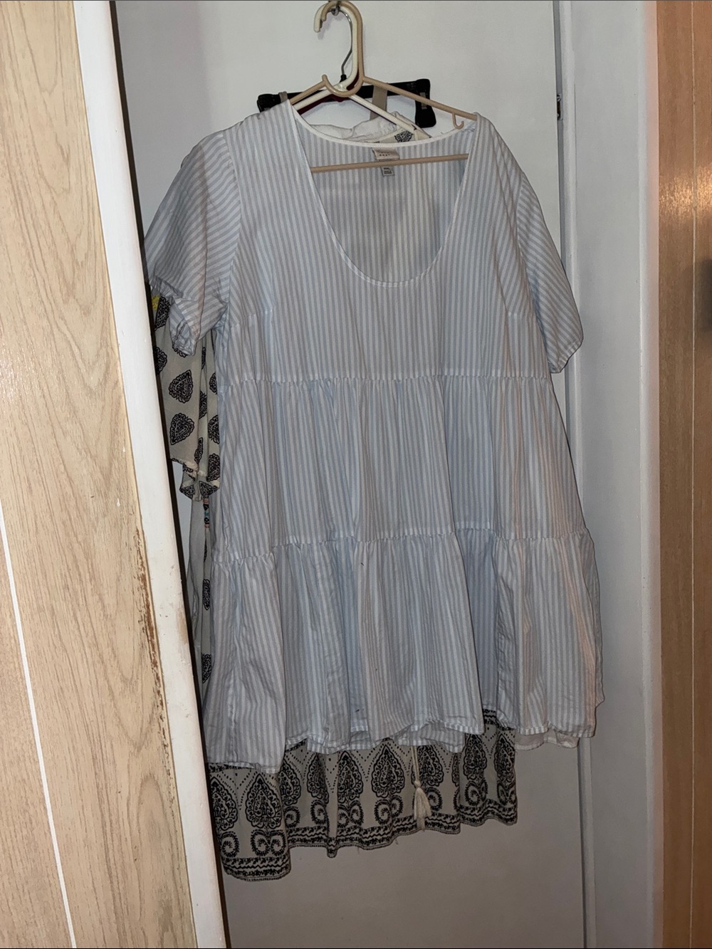 Light Blue & White Striped Women’s Tiered Short Sleeve Top a new day